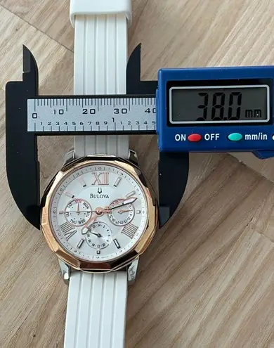 Bulova Ladies Chronograph Style Watch Silver Dial Rose Gold Case Date Dial