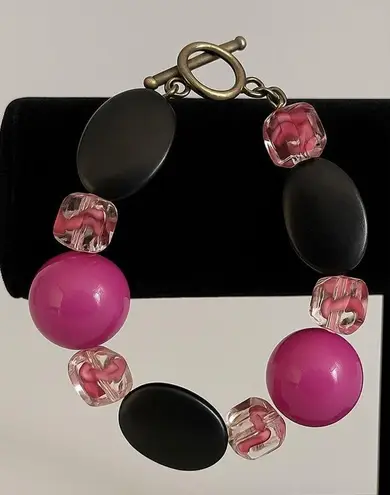 Women's Chunky Pink & Black Round Stretchy Slip On Beaded Bracelet Feminine Glam