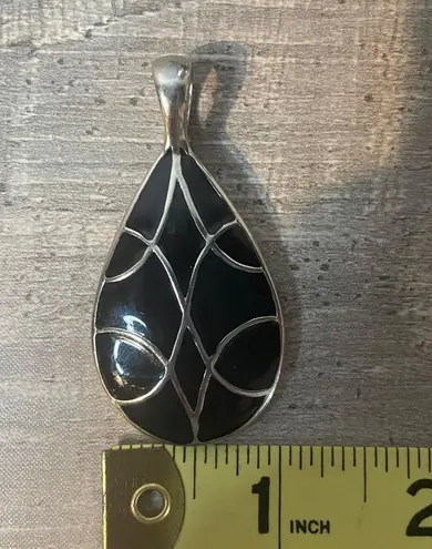 Lia Sophia signed jewelry black enamel silver slide teardrop pendant