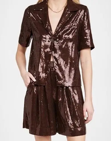 STAUD Cary Sequin Cropped Oversize Bolero Short Sleeve Top Brown Brass Bronze XL