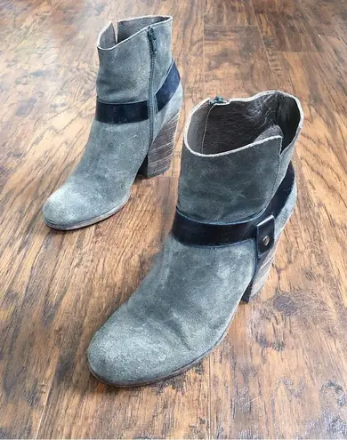Coclico • suede ankle boots grey leather harness strap stacked high heel bootie Size 7.5