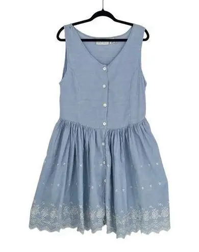 Passports Women Blue Sleeveless Button Front Embroidery Fit & Flare Dress Size L Size L