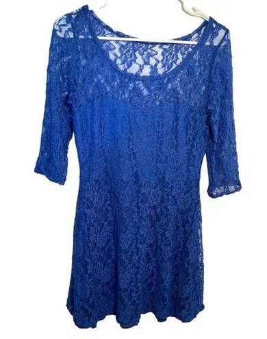 Lace Skater Dress Blue Illusion Neckline Size L