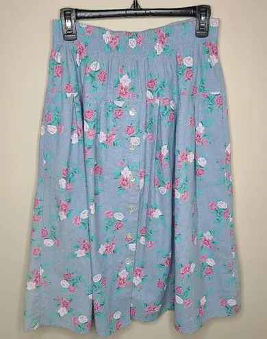 Jessica Scott 80s Blue Floral Cotton Button Front Midi Skirt Size 14 Pink
