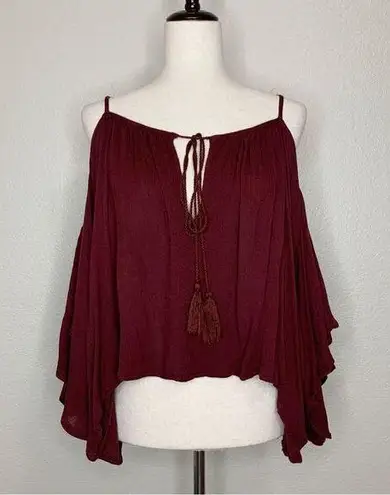 Sans Souci Boho Burgundy Cold Shoulder Tassels Bell Sleeves Top