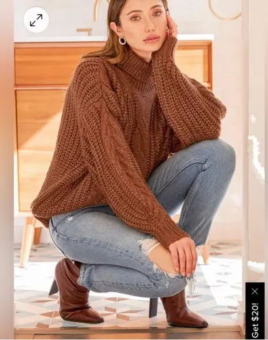 Lulus Oh What A Feeling Cable Knit Turtleneck Sweater Brown Size M