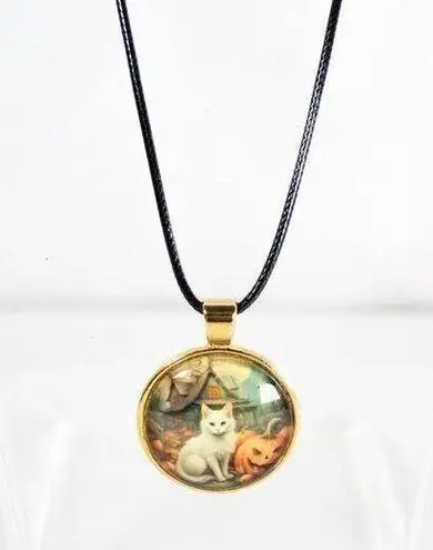 Handmade Autumn Enchantment – Gothic Cat Necklace Collection White Cat Pumpkin Patch Gold