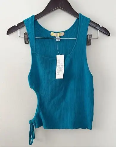 Urban Outfitters  Teal Blue Ribbed Knit Cut Out Tank Top Size Large Side Tie NEW