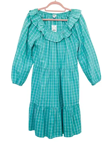 J. Crew Dress Womens Sz 10 Aqua Seersucker Plaid Ruffle Mini Cottagecore Prairie Green