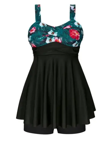 Chama Plus Size Flowy Swimdress Retro Printed Swimsuit Empire Waist Tankini Black