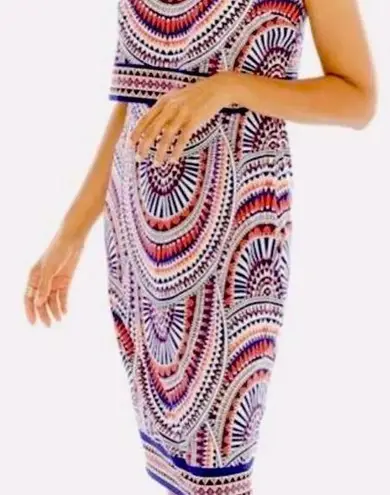 Chico's Chico’s blue orange geometric print over lay sleeveless stretch dress, size 8