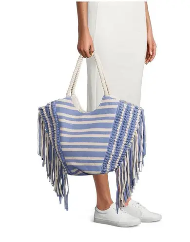 Boho Macrame Stripe Fringe Woven Southwestern Rope Handles Beach Open Tote Bag