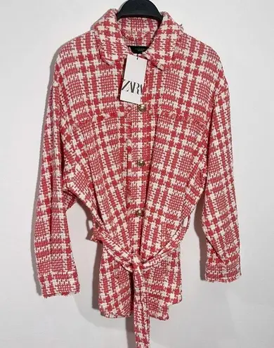 ZARA  Tweed Houndstooth Belted Pink/White Plaid Boucle Jacket‎ Size XS