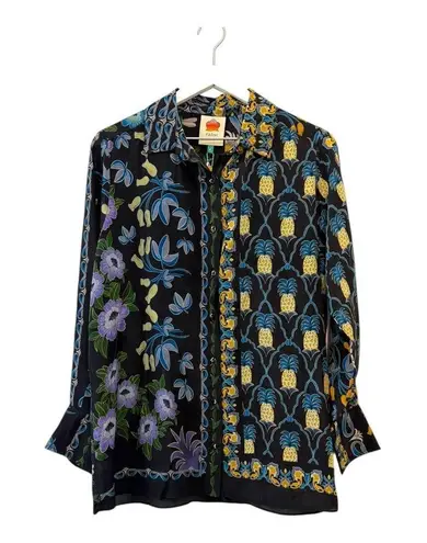 Farm Rio NWT Winter Garden Black Pajama Shirt Button Front Top Floral Size S