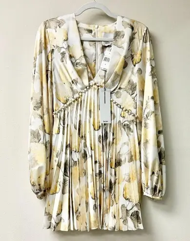 NWT Acler Faris Tiered Floral Satin Pleated Mini Dress White/Yellow Women's US 4 White