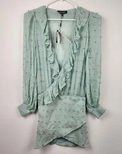 Retrofête Retrofete Lennon Embellished Silk Chiffon Dress in Green Size XS NWT Long Sleeve