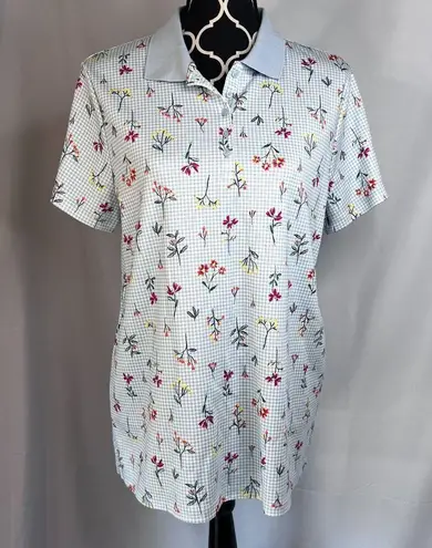 Lands End Blue Gingham Floral Collared Short Sleeve Golf Casual Shirt Size Large