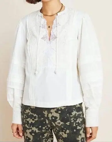 Anthropologie Delilah White Embroidered Pleated Lace Peasant Blouse Size 14