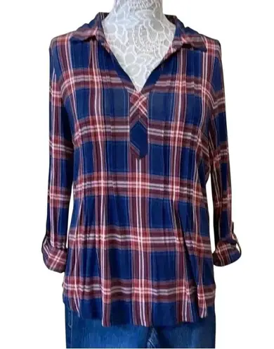 Westport Plaid Flannel Button-Front Tunic Top – Blue & Red Long Sleeve