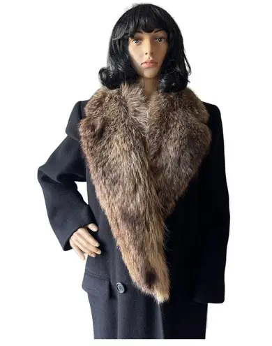 Perry Ellis Vintage 1960's-70's Fur Trimmed long black wool coat size 10