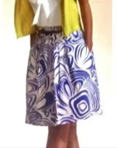 CAbi  Women's Blue/White Swirl Graphic Print Lombard Pleated A-Line Skirt size 4