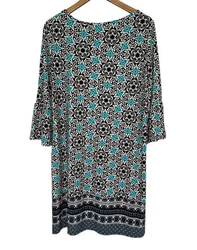kim rogers Geo Print Shift Dress Black Teal Size Small Business Casual