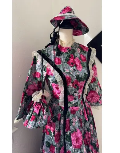 Handmade STUNNING Vintage Victorian Floral Dress Sun Hat Set Handbag Womens Sz S