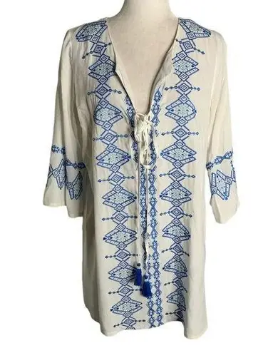 Solitaire Boho Cover Up Embroidered Tunic M White V Neck Lace Up Tassels