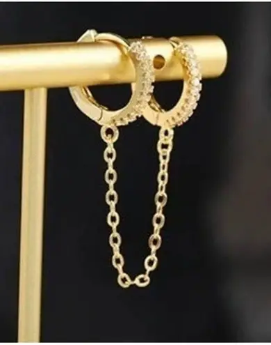 Boho 2 Tiny Double Huggie Hoop Cuffs Tassel Chain Dangle Earrings Gold A0116