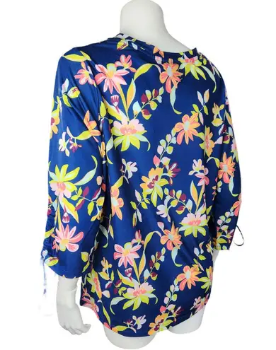 Caribbean Joe Women's Large Blue Floral Blouse 3/4 Sleeves Tie Detail NWT Cruise