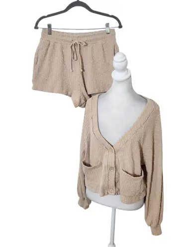 LA Hearts  Beige Textured Knit Cardigan and Shorts Matching Set Size Medium thumbnail 1