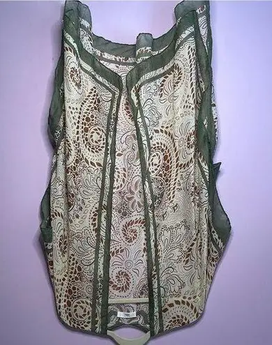 Green Cream Brown Boho Longline Open Front Cardigan Kimono Shawl Swim Cover Up