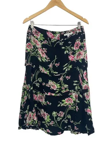 CAbi  Flowy High Waisted Midi Skirt Floral Print Black Pink Rayon Womens 8