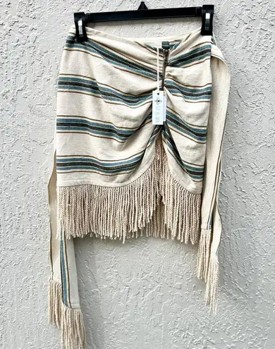 NWT Just Bee Queen Charlie Stripe Fringe Mini Skirt Teal Beige XS