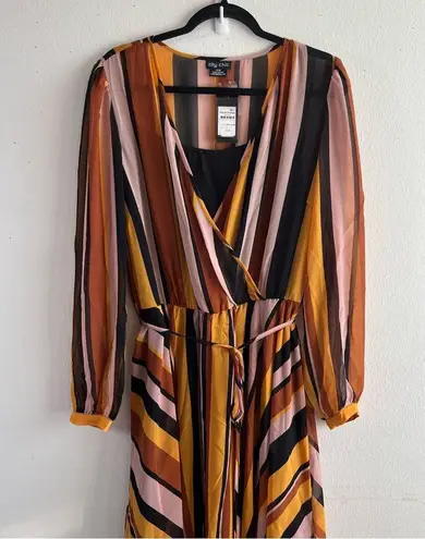 City Chic Dress Gold Stripe Multicolored Maxi Sz 16W NWT V Neck Asymmetrical Hem