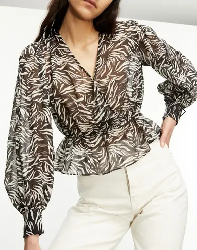 The Kooples Flowing Black and White Zebra Print Sheer V Neck Blouse Size Medium