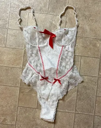 Frederick's of Hollywood White Lace Bodysuit with Red Bows - Image 1