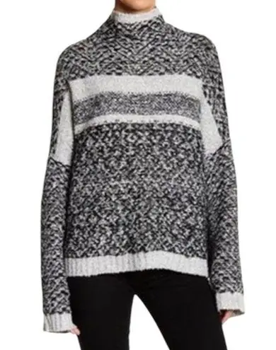 John + Jenn Stripped silver ash charcoal box crochet knit mock turtleneck oversized pullover
