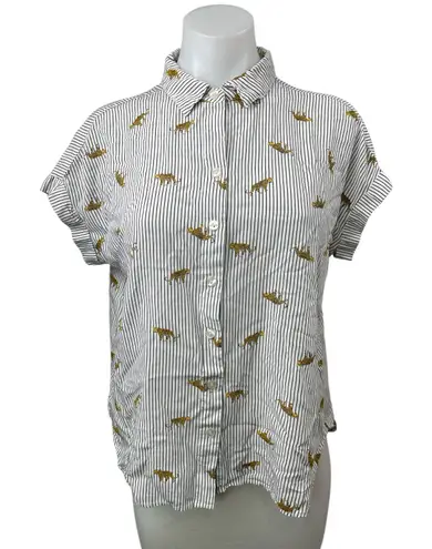 Jane + Delancey Multicolor Striped Leopard Print Short Sleeve Button Shirt Top M White Size M thumbnail 1