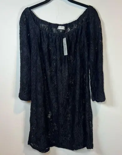 J. VALDI Womens Floral Crochet Lace Tunic Swim Cover Up Dress Black NEW Sz Large