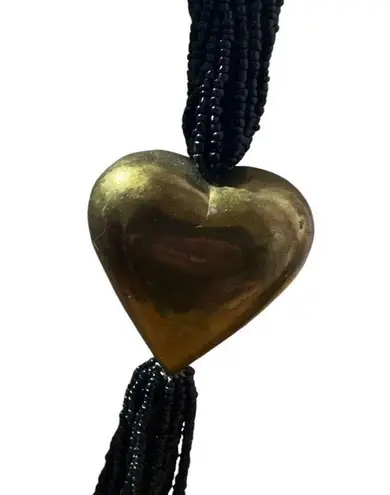 Long Black Seed Bead Necklace Beaded Multiple Strands Gold Heart Women's Jewelry
