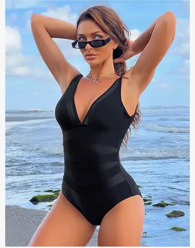 Soly Hux Women's Contrast One Piece Swimsuits V Neck Backless Bathing Suits Mesh Sheer Swimwear Monokini