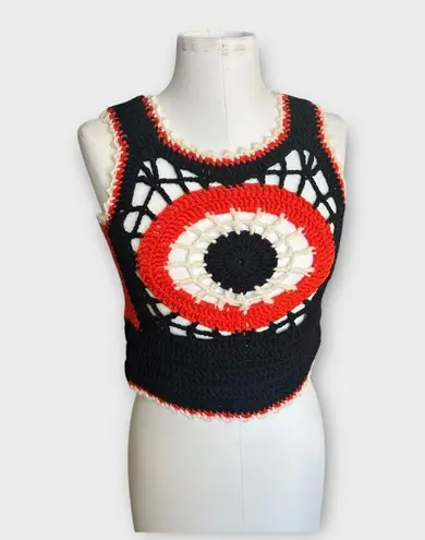 Handmade Vintage 70s Crochet Crop Top Hand Made Hippie Indie Festival Black & Orange sz S