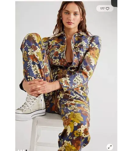 MOTHER The Puffy Wrapper Floral Denim Jumpsuit Flowers in Her Hair L Tan Size L