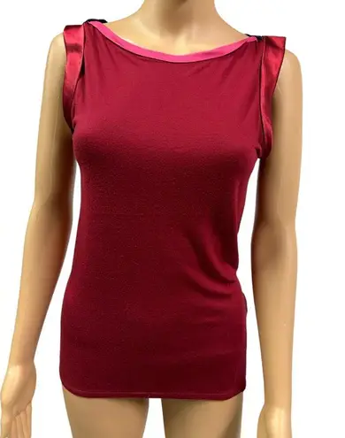 T Tahari Tahari Red Boat Neck Multi Color Tee Satin Sleeve Top Women’s Small