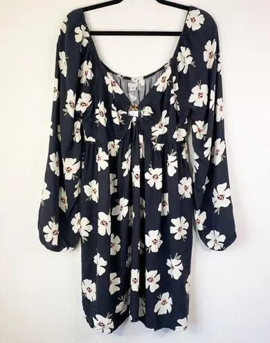 American Eagle AE Black Floral Long-Sleeve Ring-Front Mini Dress