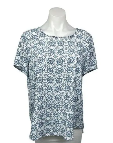 Premise  White Blue Paisley Floral Print Crew neck Short Sleeve Blouse Top Size L