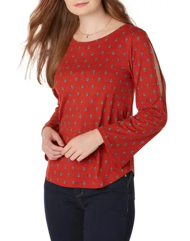 NEW Simply Styled Womens L Slit Sleeve Top Bossa Nova Red Blue Paisley Boho Size L