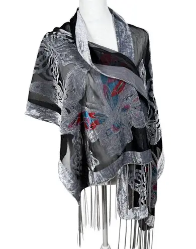 Unbranded Velvet Burnout Butterfly Scarf Boho Fairy Whimsigoth Fringe Gray