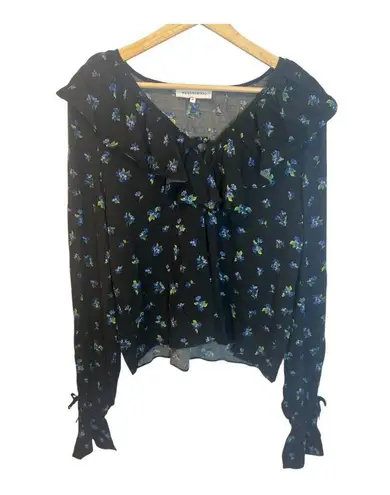 We Wore What Revolve Ruffled Watercolor Ditsy Blouse XL Black & Blue Floral Print